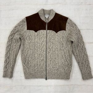 J. Crew Men's Donegal Cable Knit Zip-Up Sweater with Leather Accents